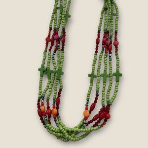 Vintage 5 Strand Beaded Cross Necklace Boho Western Style 22-25 Inches Multicolo